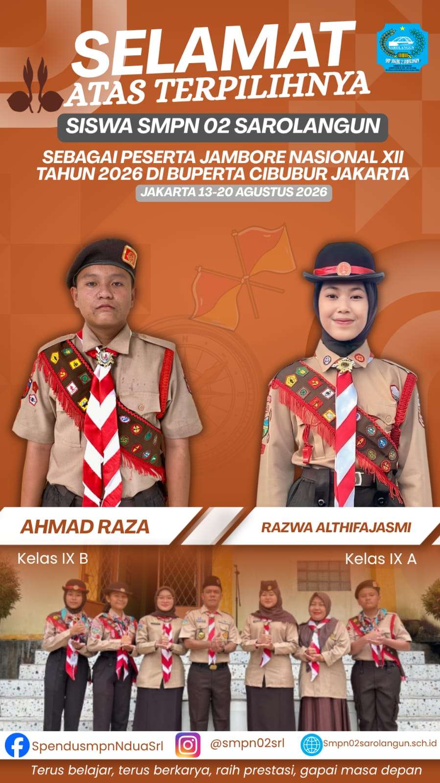 Harumkan Nama Sekolah, Ahmad Raza dan Razwa Althifajasmi Melaju ke Jambore Nasional XII 2026